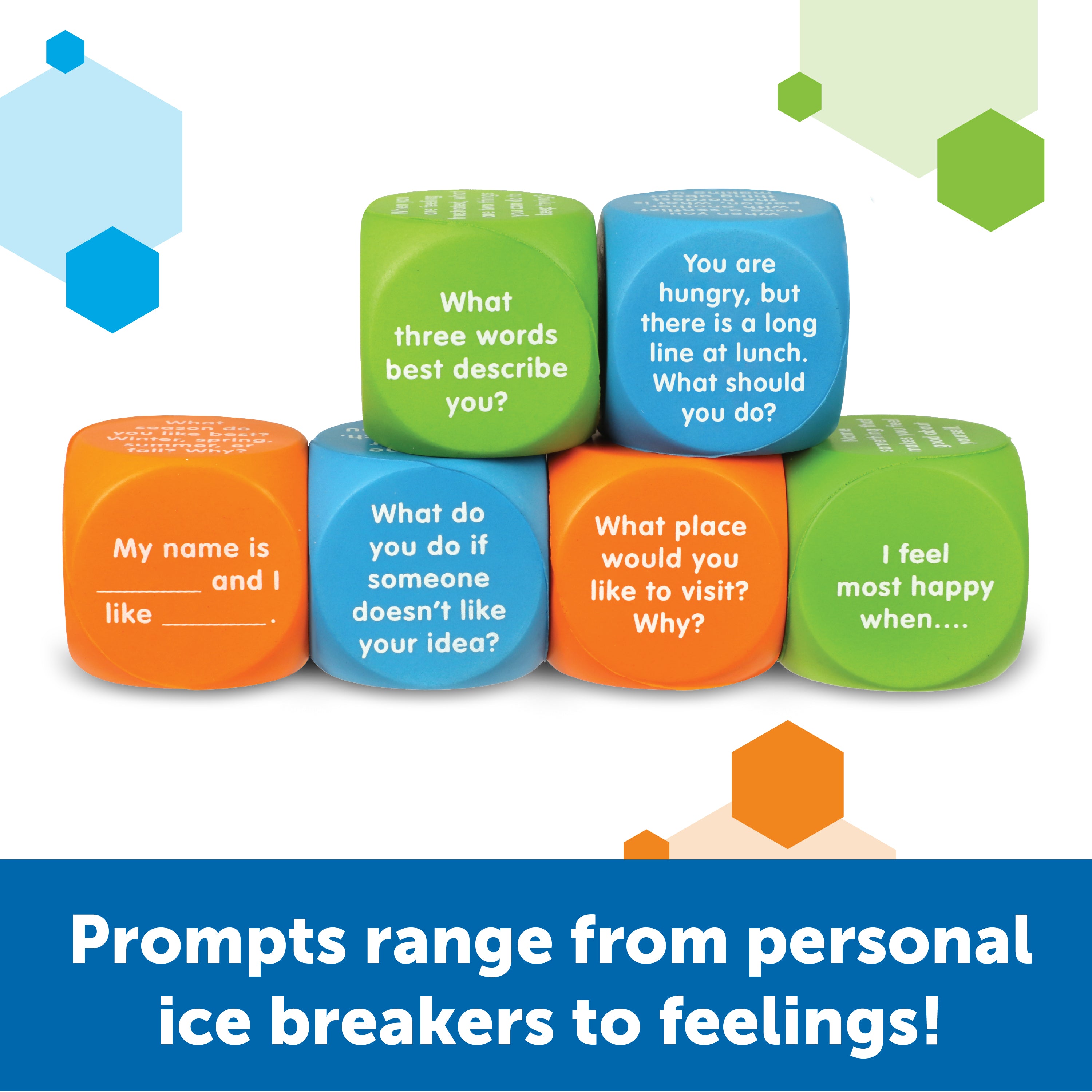 Learning Resources Lets Talk SEL Cubes, Set of 6 Social Emotional Learning Conversation Cubes, Includes 36 Prompts for Ice Breakers, Social Skills, and Emotional Awareness, For Ages 5+