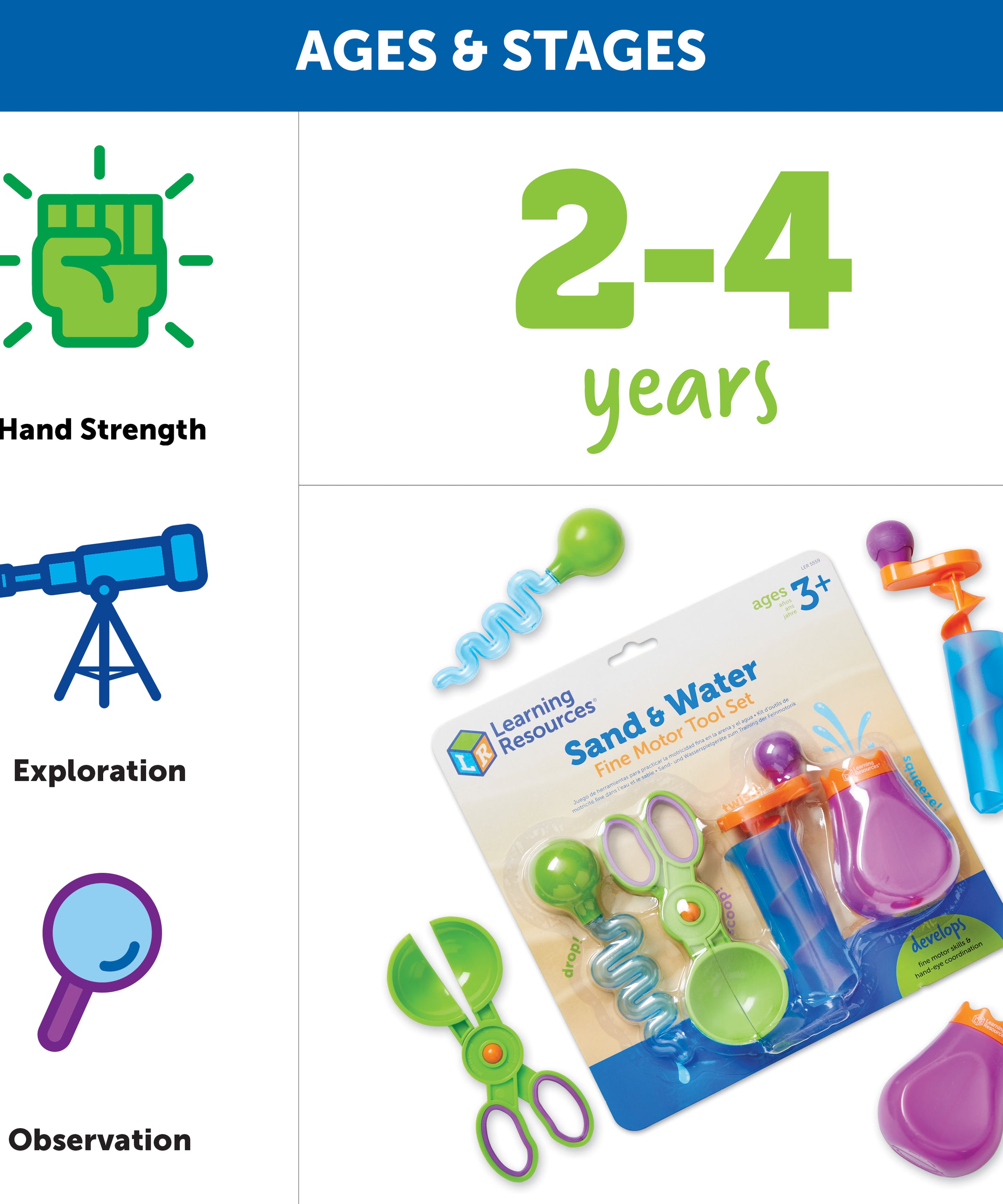 Learning Resources Sand & Water Fine Motor Tool Set, 4 Fun Tools for Sensory Play