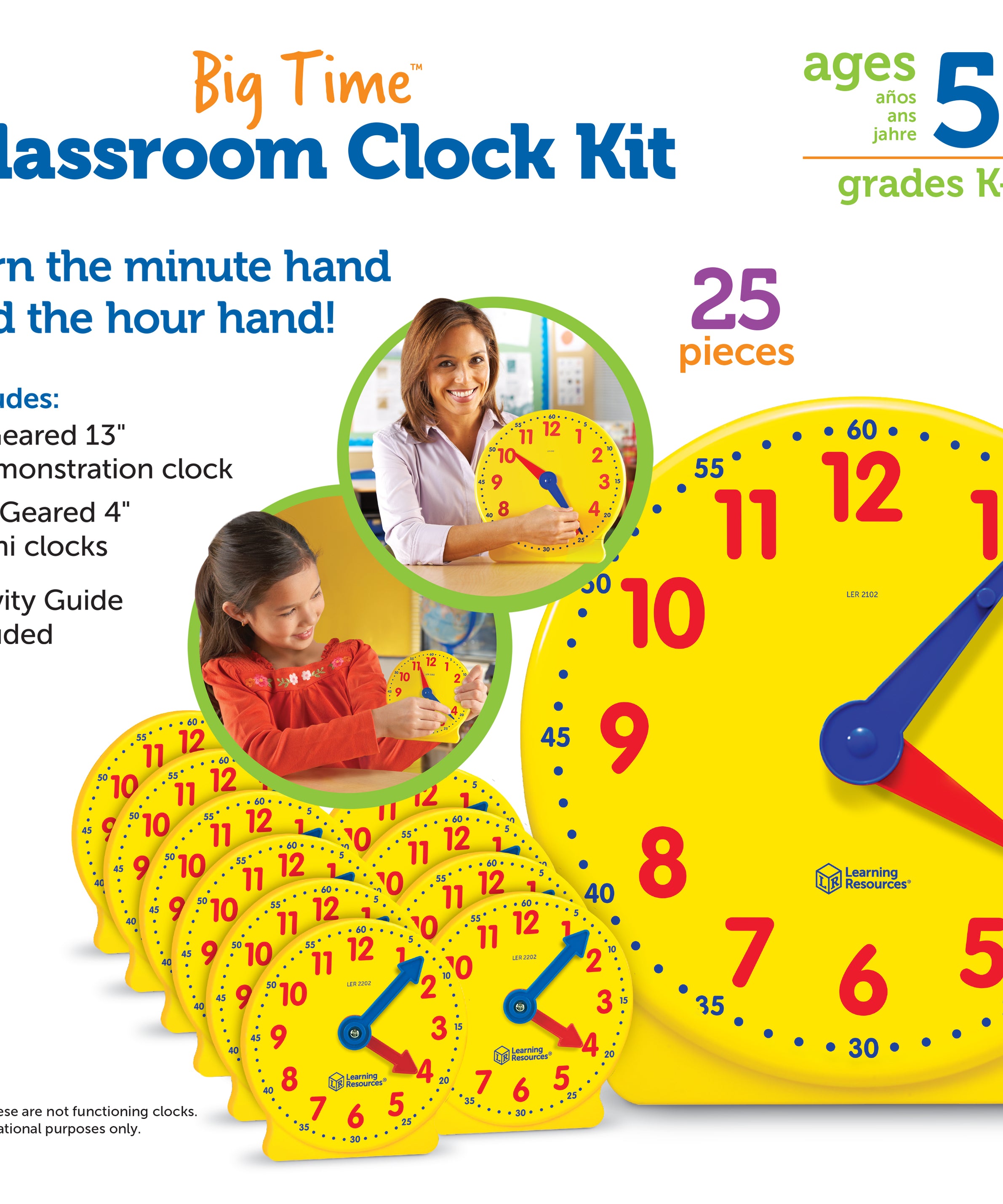 Learning Resources Big Time Classroom Clock Kit, 24 Mini Geared Clocks & Demonstration Clock for Time-Telling Practice