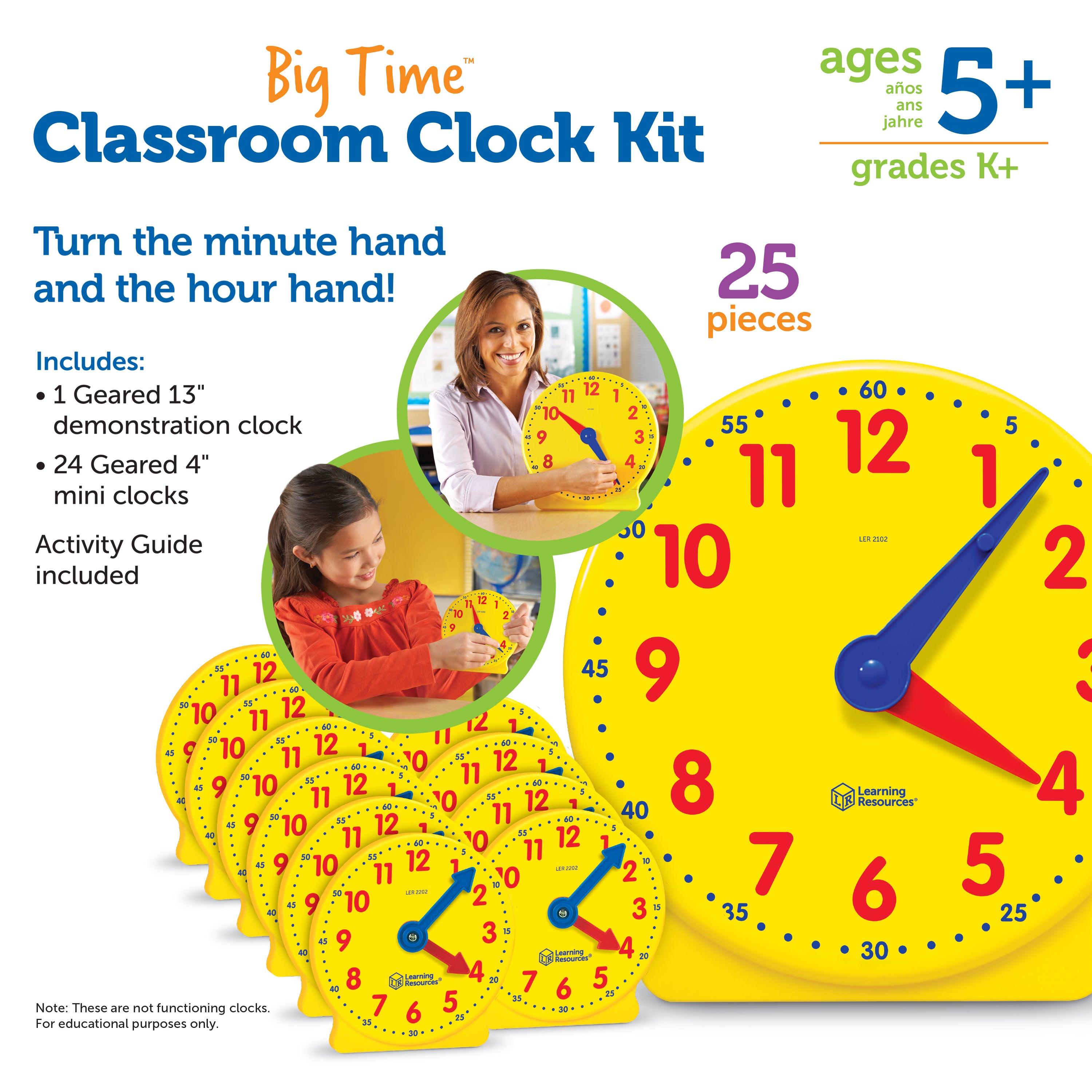Learning Resources Big Time Classroom Clock Kit, 24 Mini Geared Clocks & Demonstration Clock for Time-Telling Practice