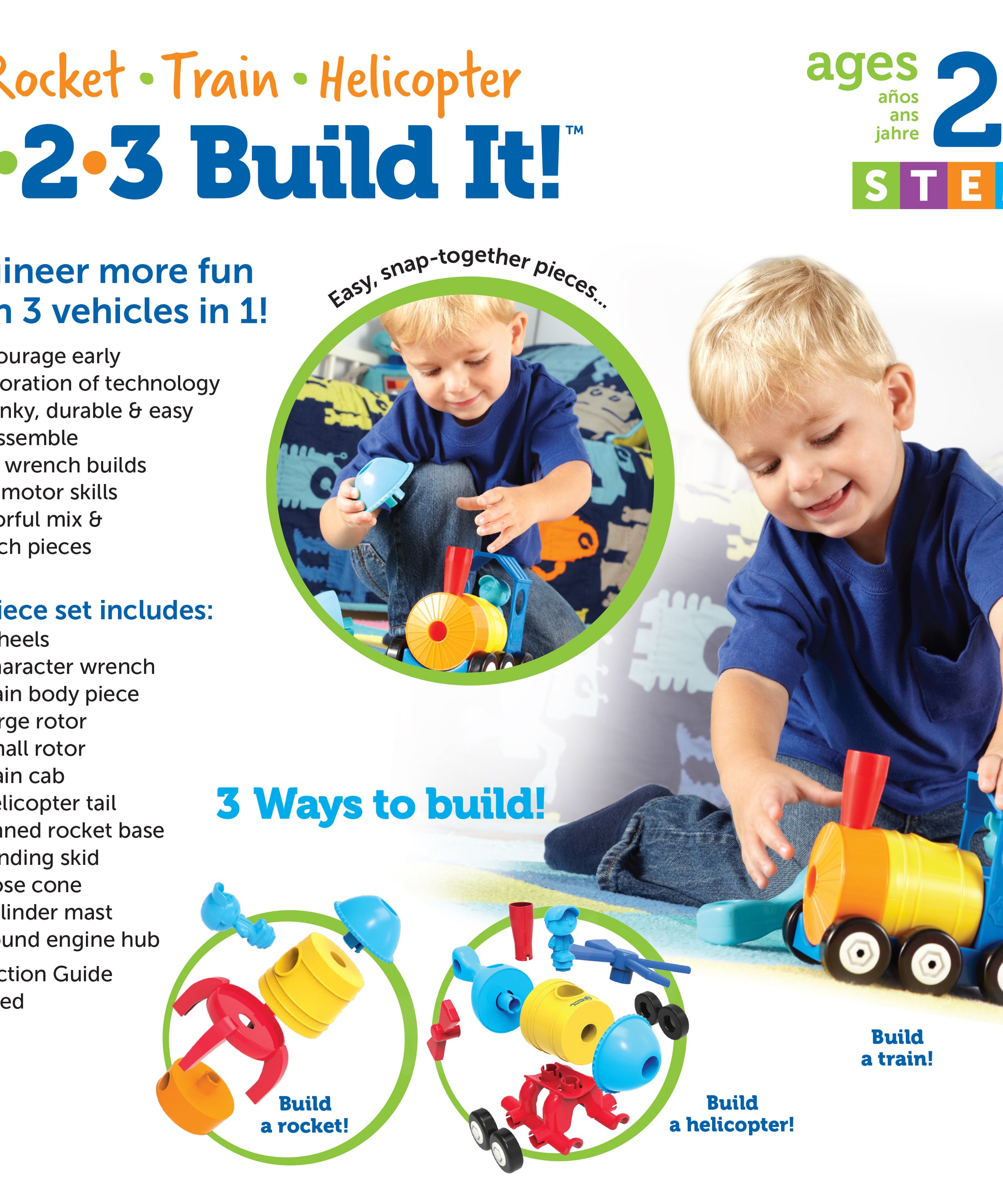 Learning Resources 1-2-3 Build It! Rocket-Train-Helicopter, 3-in-1 STEM Vehicle Building Set for Kids, Ages 2+