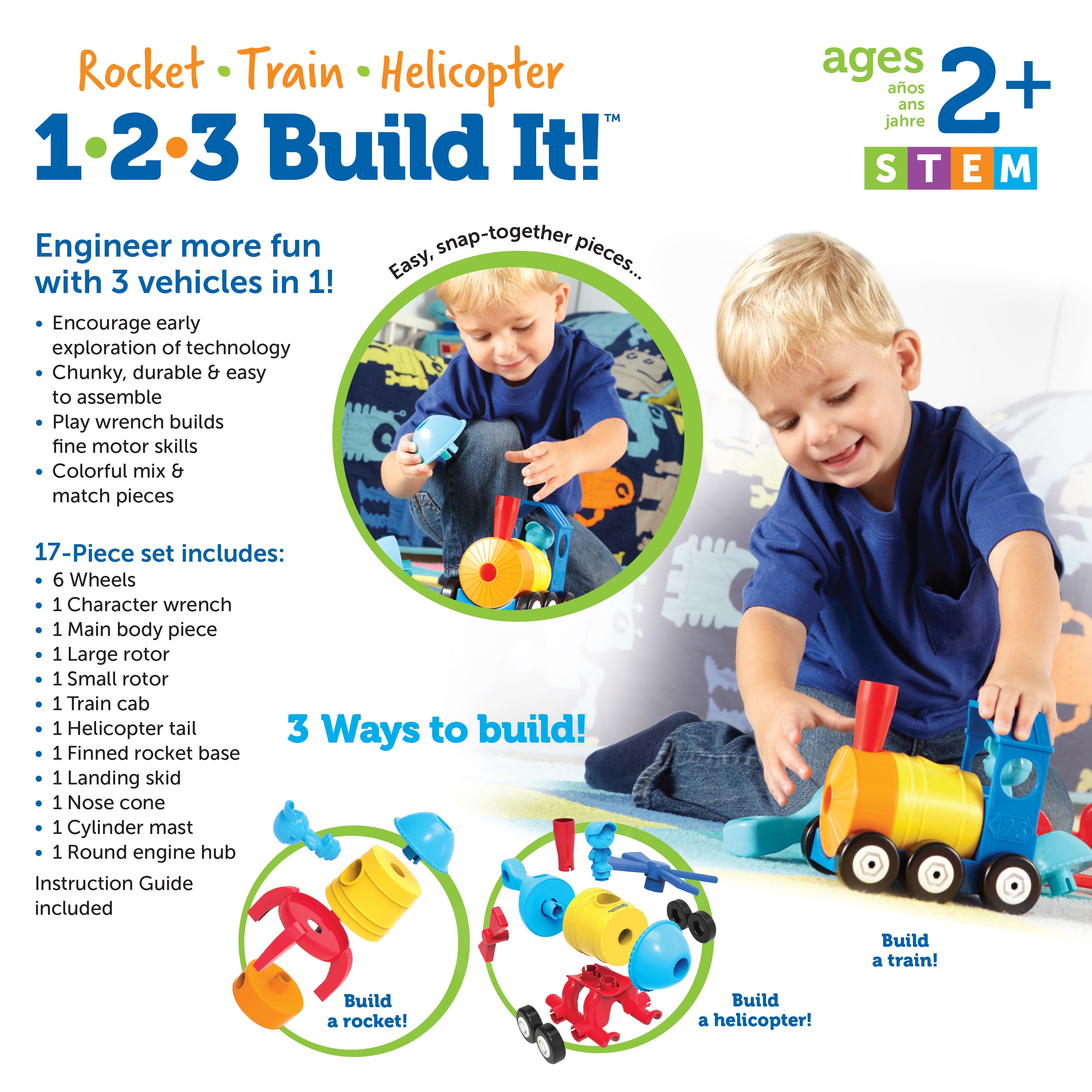Learning Resources 1-2-3 Build It! Rocket-Train-Helicopter, 3-in-1 STEM Vehicle Building Set for Kids, Ages 2+