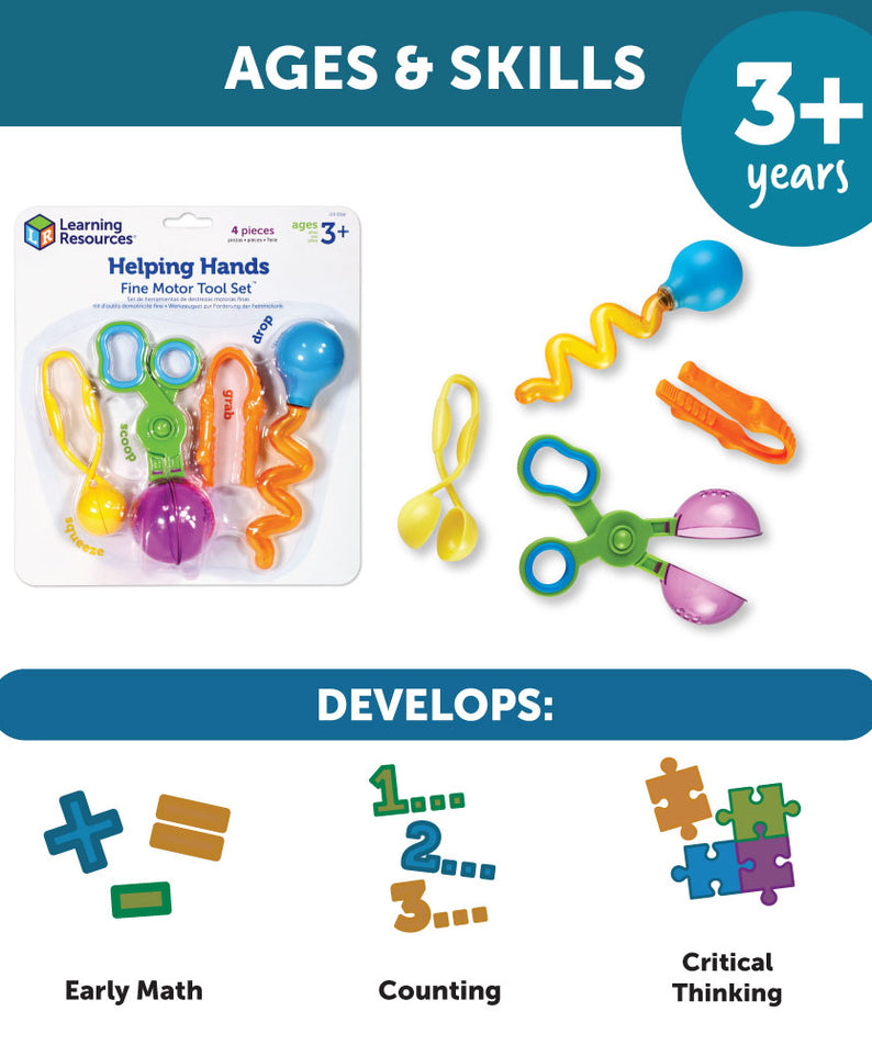 Learning Resources Helping Hands Fine Motor Tool Set, 4-Piece Montessori Sensory Play Tools for Toddlers