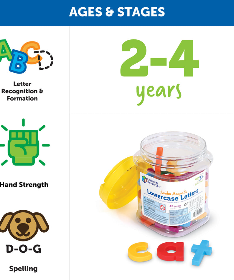 Learning Resources Jumbo Lowercase Magnetic Letters, Set of 40, Early Literacy & Spelling Practice for Kids, Magnetic Alphabet for Fridge & Whiteboards, Includes Storage Tub, Ages 3+