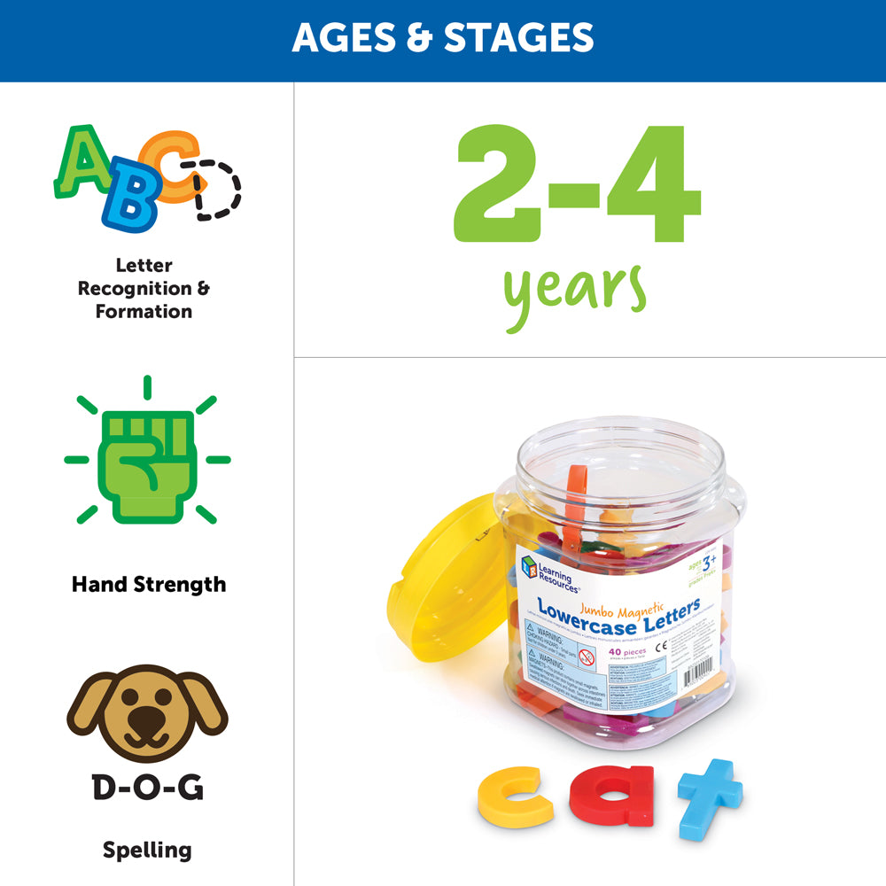 Learning Resources Jumbo Lowercase Magnetic Letters, Set of 40, Early Literacy & Spelling Practice for Kids, Magnetic Alphabet for Fridge & Whiteboards, Includes Storage Tub, Ages 3+