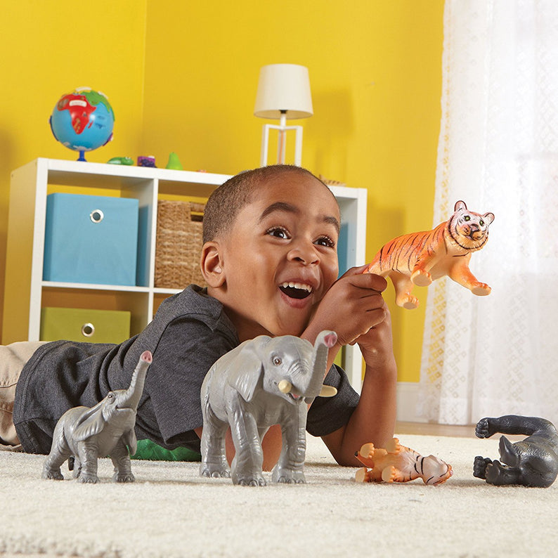 Learning Resources Jumbo Jungle Animals Mommas and Babies, 6 Piece Pretend Play Animal Set with Storage Box, Ages 2 Plus