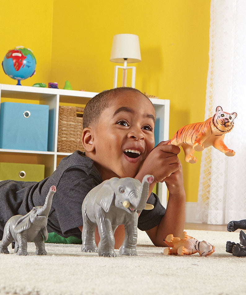 Learning Resources Jumbo Jungle Animals Mommas and Babies, 6 Piece Pretend Play Animal Set with Storage Box, Ages 2 Plus