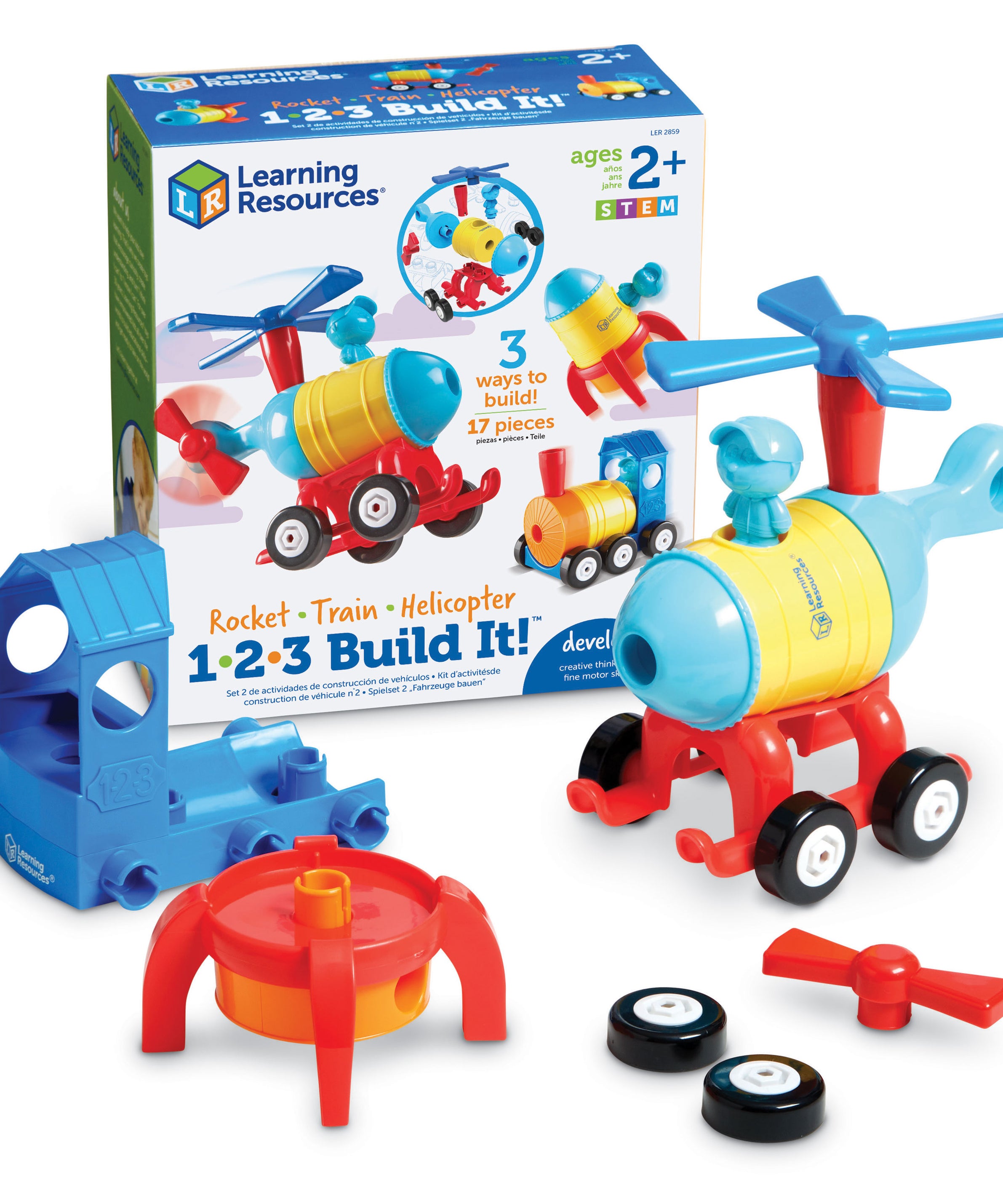 Learning Resources 1-2-3 Build It! Rocket-Train-Helicopter, 3-in-1 STEM Vehicle Building Set for Kids, Ages 2+