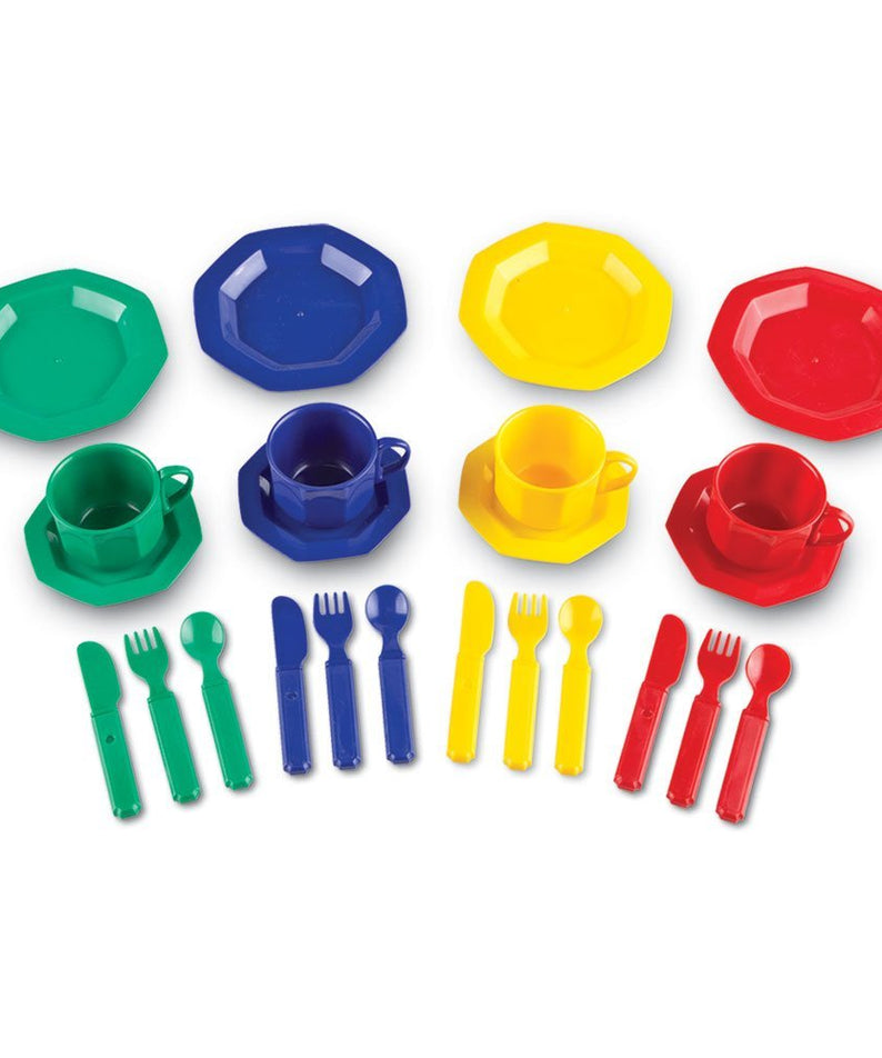 Learning Resources Play Dishes, 24-Piece Colourful Kitchen Toy Plate Set for Kids, Pretend Play Tableware for Toddlers, Durable Plastic, Ages 3+