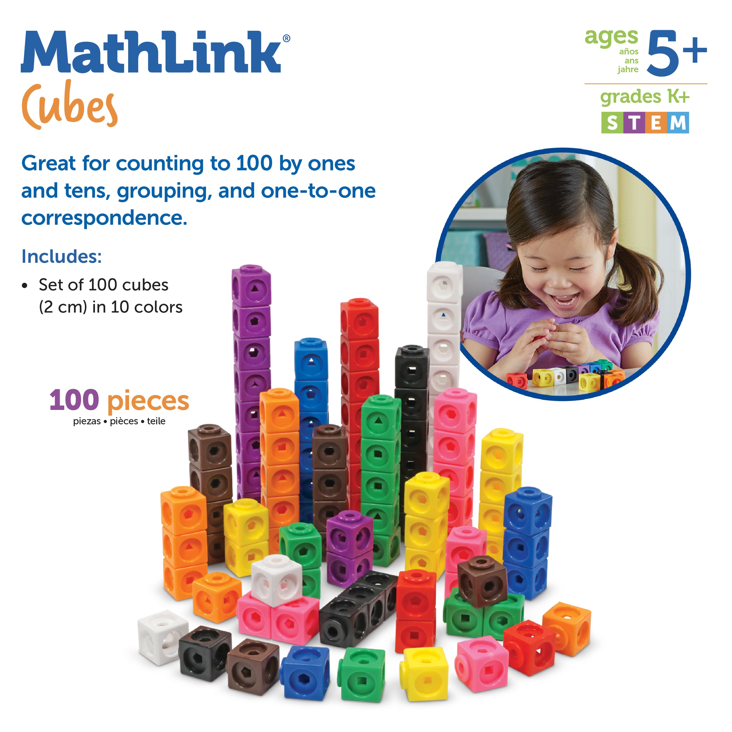 Learning Resources MathLink Cubes, Set of 100, Ages 5+, Hands-On STEM Math Learning for Counting, Sorting & Patterns - Quick Learning