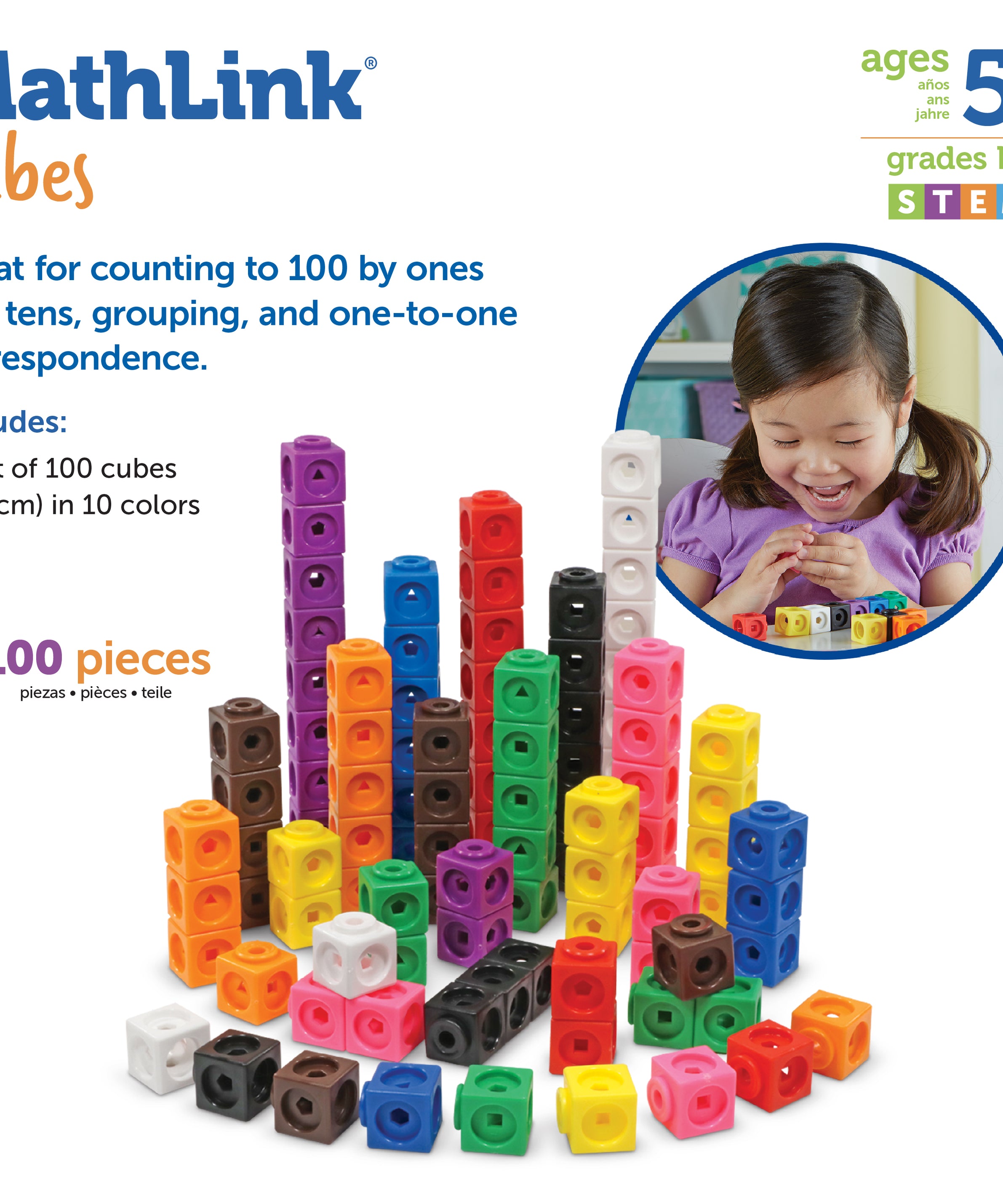 Learning Resources MathLink Cubes, Set of 100, Ages 5+, Hands-On STEM Math Learning for Counting, Sorting & Patterns