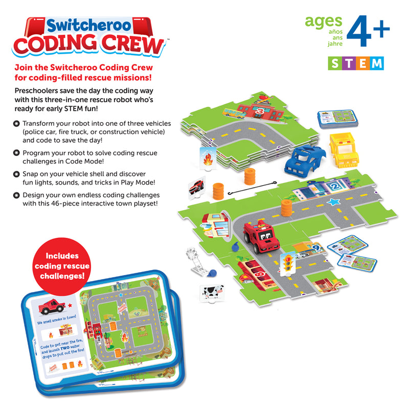Learning Resources Switcheroo Coding Crew, 3-in-1 Screen-Free Coding Robot for Kids, Preschool STEM Toy with Interchangeable Vehicle Shells and Rescue Missions, Ages 4+