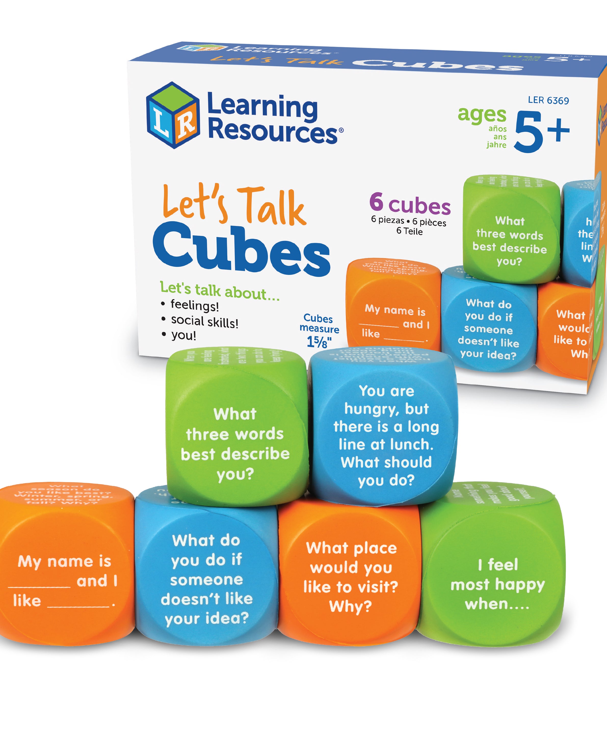 Learning Resources Lets Talk SEL Cubes, Set of 6 Social Emotional Learning Conversation Cubes, Includes 36 Prompts for Ice Breakers, Social Skills, and Emotional Awareness, For Ages 5+