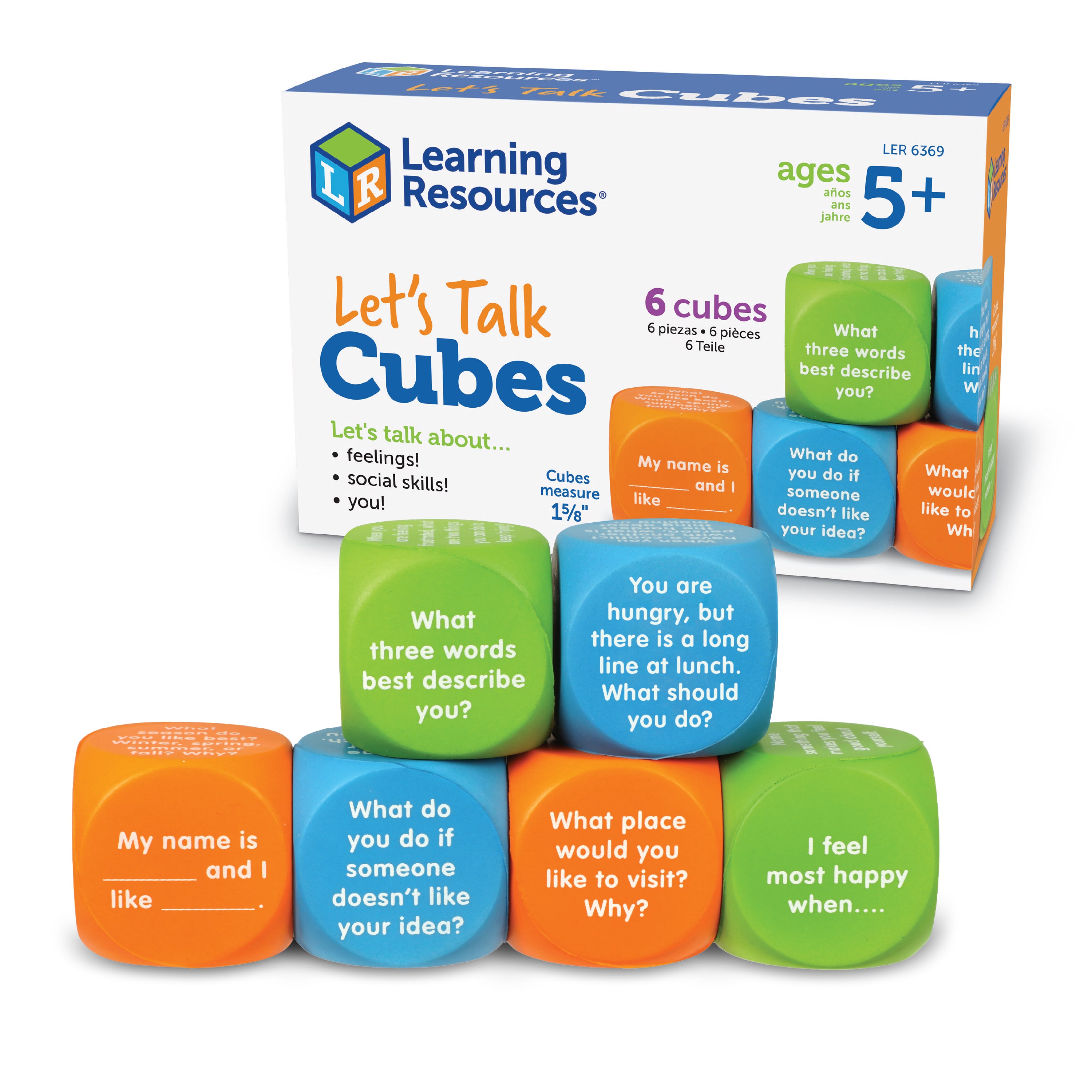Learning Resources Lets Talk SEL Cubes, Set of 6 Social Emotional Learning Conversation Cubes, Includes 36 Prompts for Ice Breakers, Social Skills, and Emotional Awareness, For Ages 5+