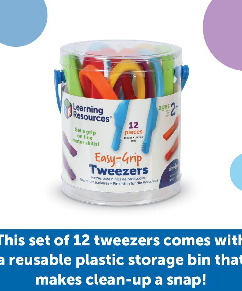 Learning Resources Easy-Grip Tweezers for Kids, Fine Motor Skill Development Tools for Preschool and Sensory Play, Set of 12 with Storage Tub, Ages 2 Plus