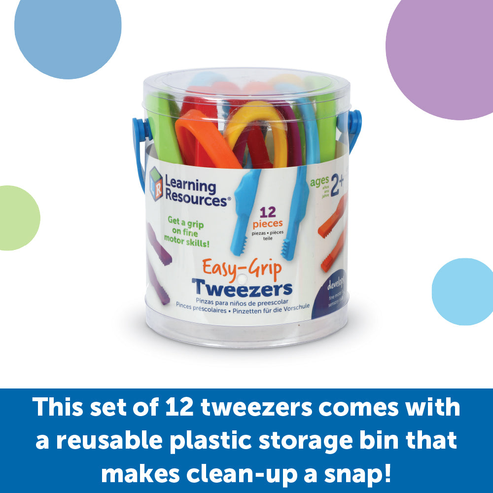 Learning Resources Easy-Grip Tweezers for Kids, Fine Motor Skill Development Tools for Preschool and Sensory Play, Set of 12 with Storage Tub, Ages 2 Plus