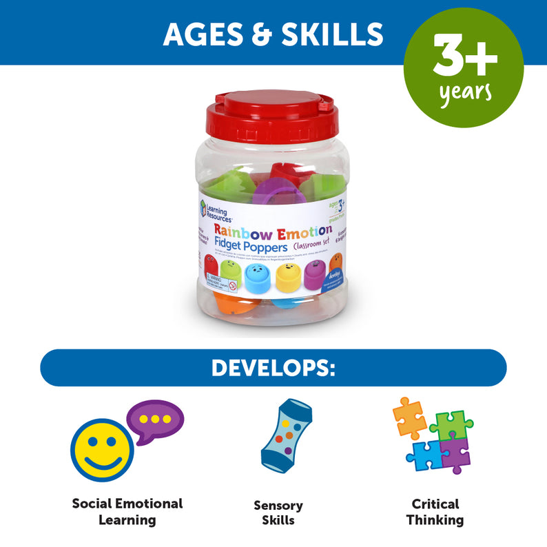 Learning Resources Rainbow Emotions Fidget Poppers, Set of 24 Stackable Sensory Poppers with Emotion Faces, Includes Storage Tub, Ages 3 Plus