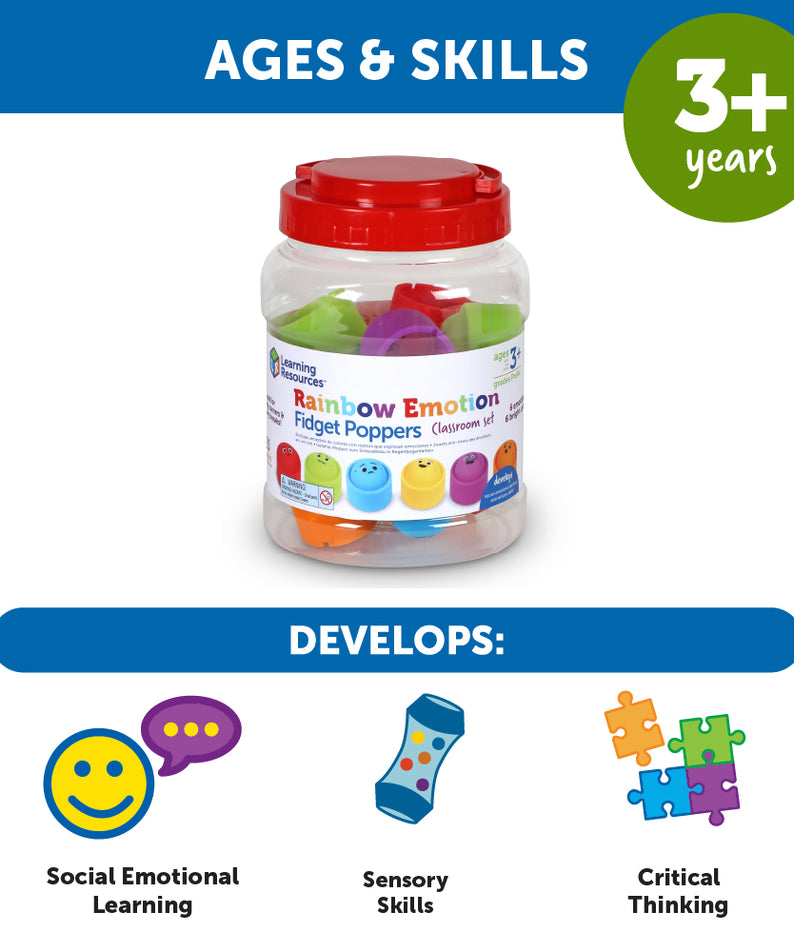 Learning Resources Rainbow Emotions Fidget Poppers, Set of 24 Stackable Sensory Poppers with Emotion Faces, Includes Storage Tub, Ages 3 Plus
