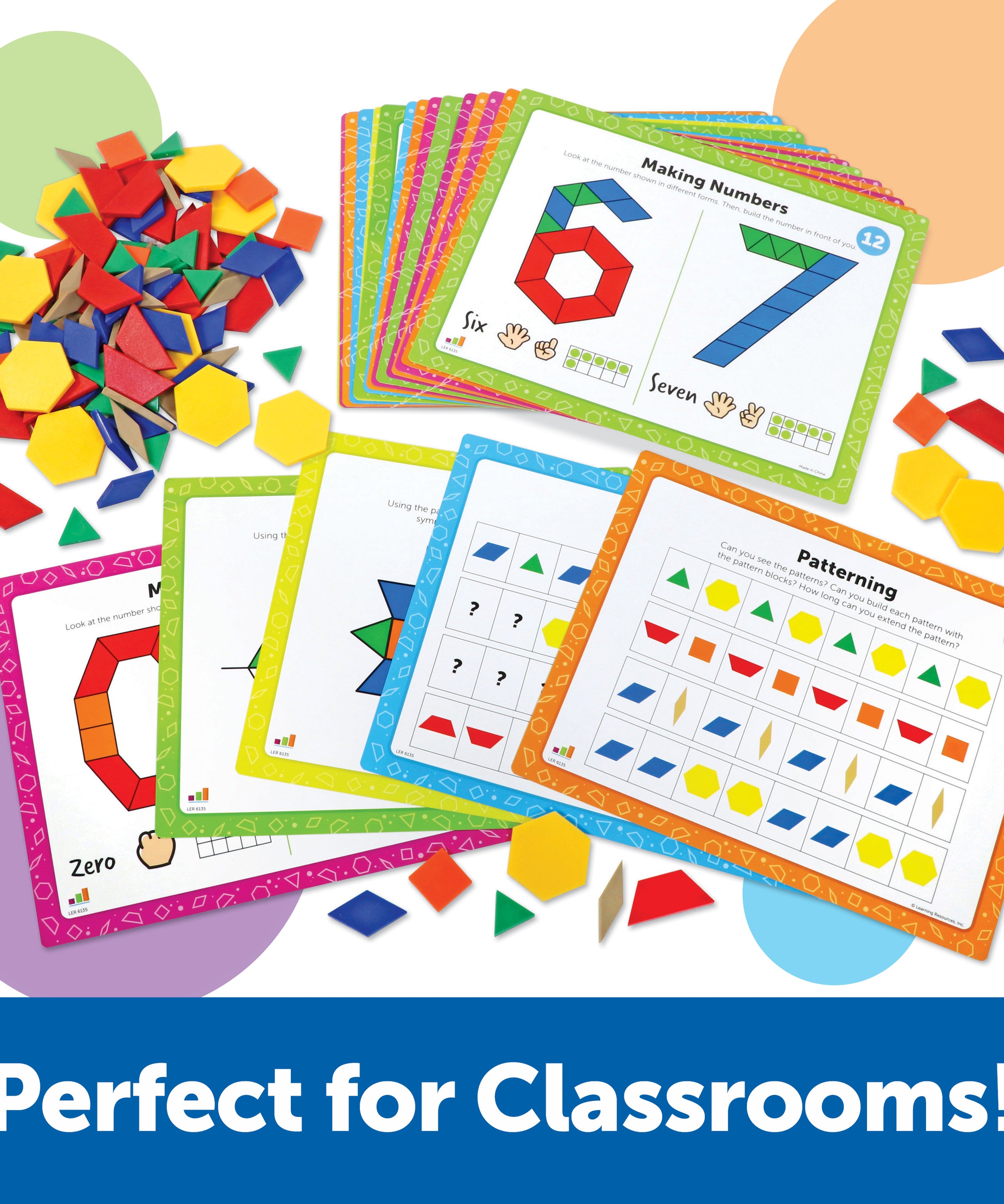 Learning Resources Pattern Block Math Activity Set, 124 Plastic Pattern Blocks, 20 Double-Sided Activity Cards, Hands-On Maths & STEM Learning, Ages 5+