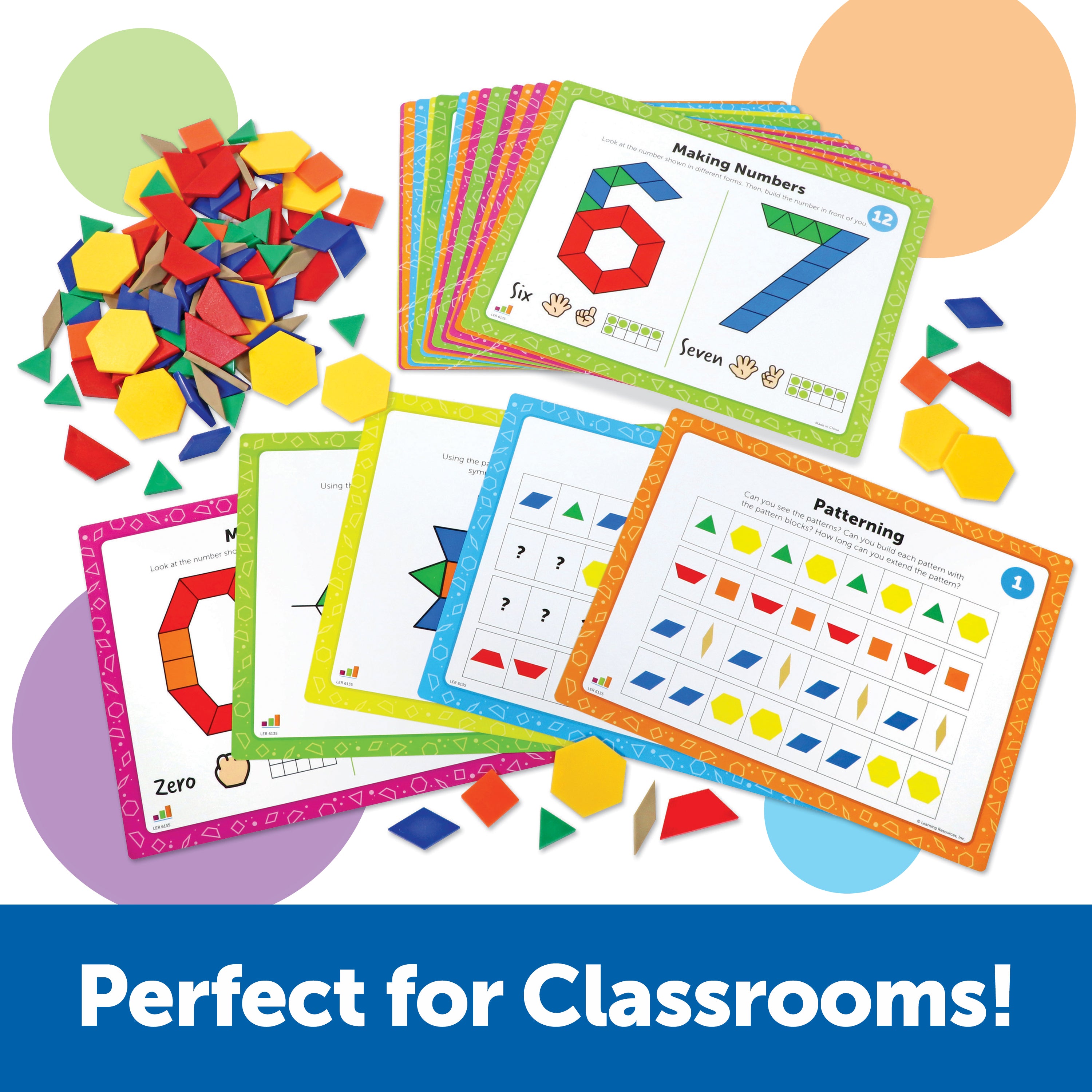 Learning Resources Pattern Block Math Activity Set, 124 Plastic Pattern Blocks, 20 Double-Sided Activity Cards, Hands-On Maths & STEM Learning, Ages 5+