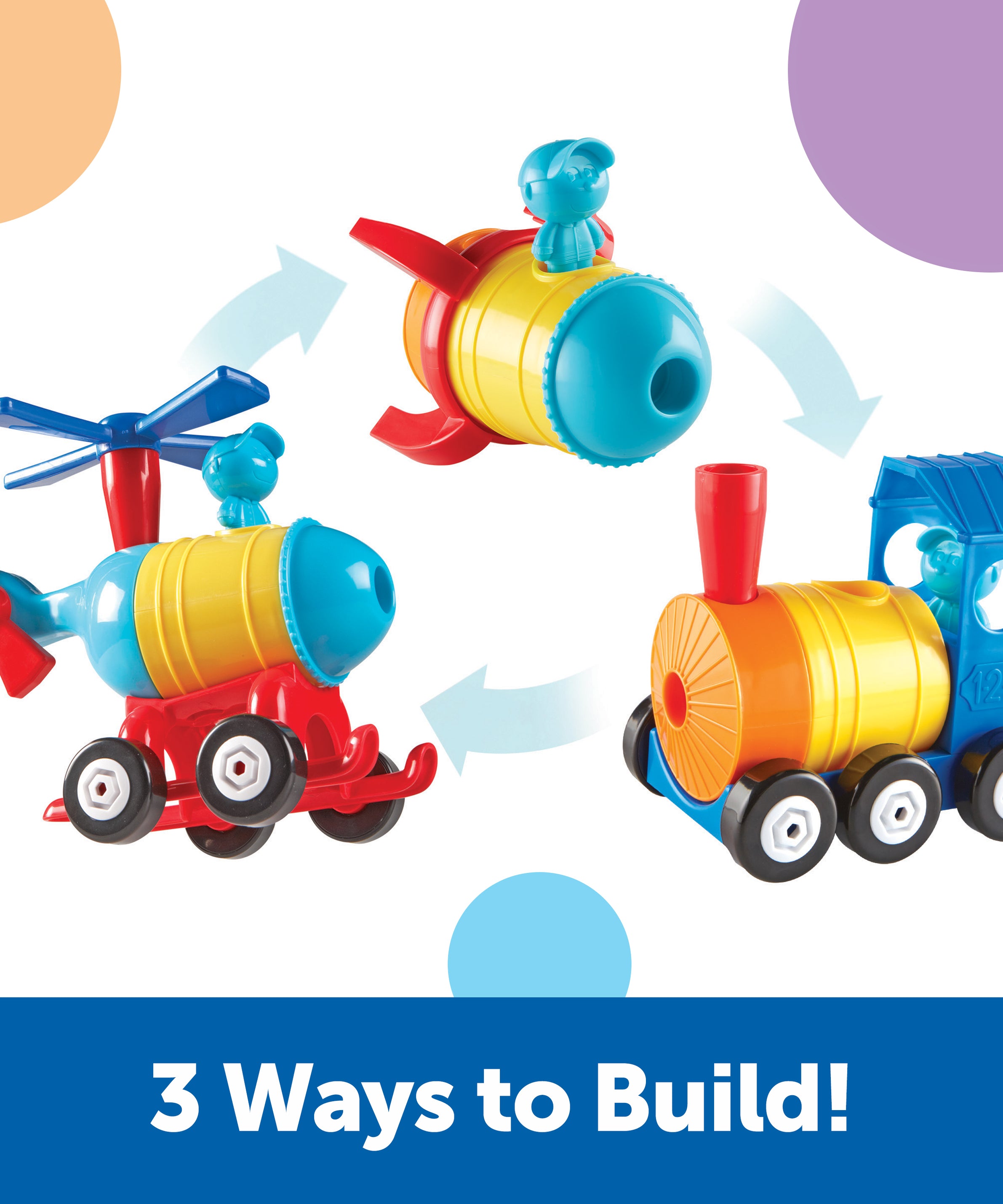 Learning Resources 1-2-3 Build It! Rocket-Train-Helicopter, 3-in-1 STEM Vehicle Building Set for Kids, Ages 2+