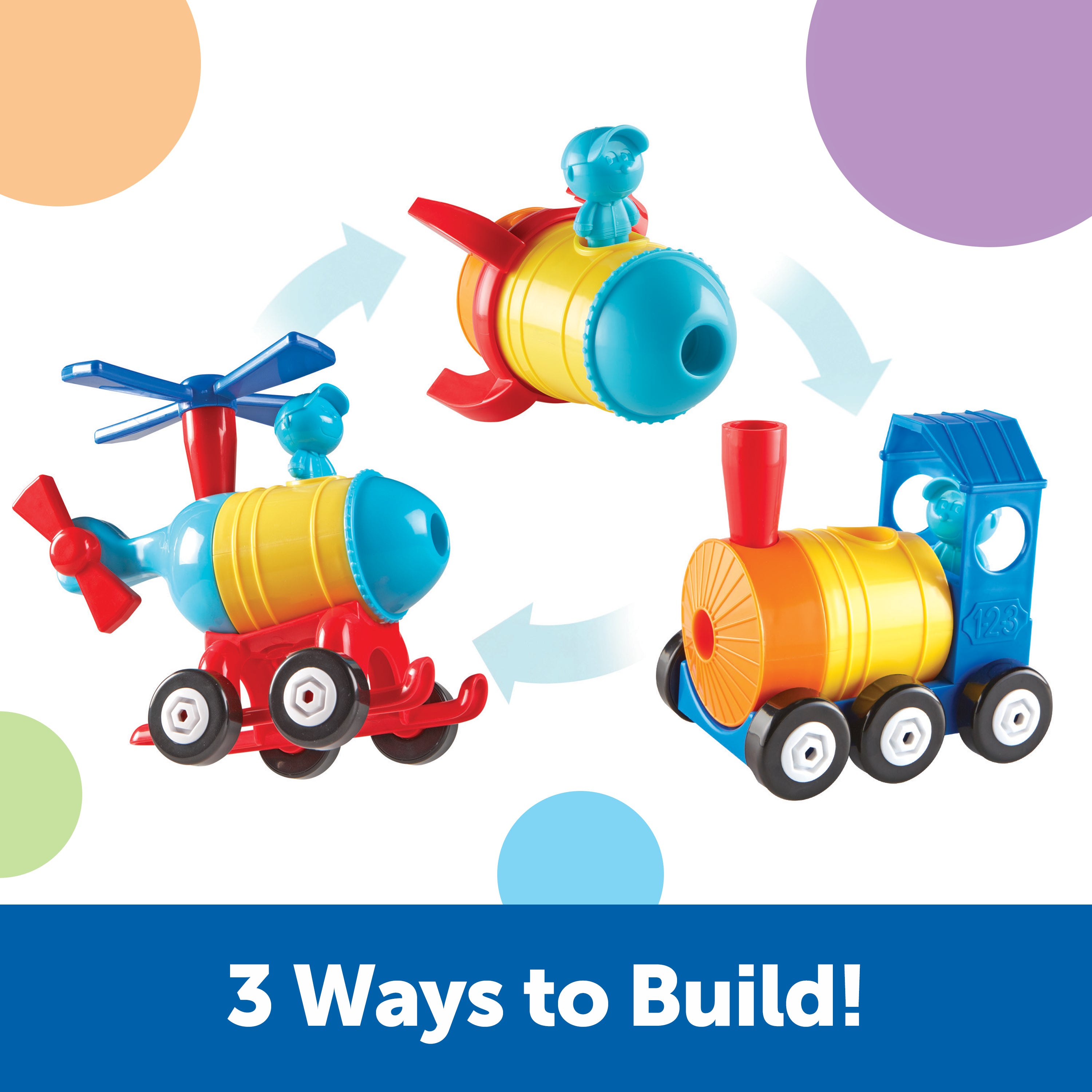 Learning Resources 1-2-3 Build It! Rocket-Train-Helicopter, 3-in-1 STEM Vehicle Building Set for Kids, Ages 2+