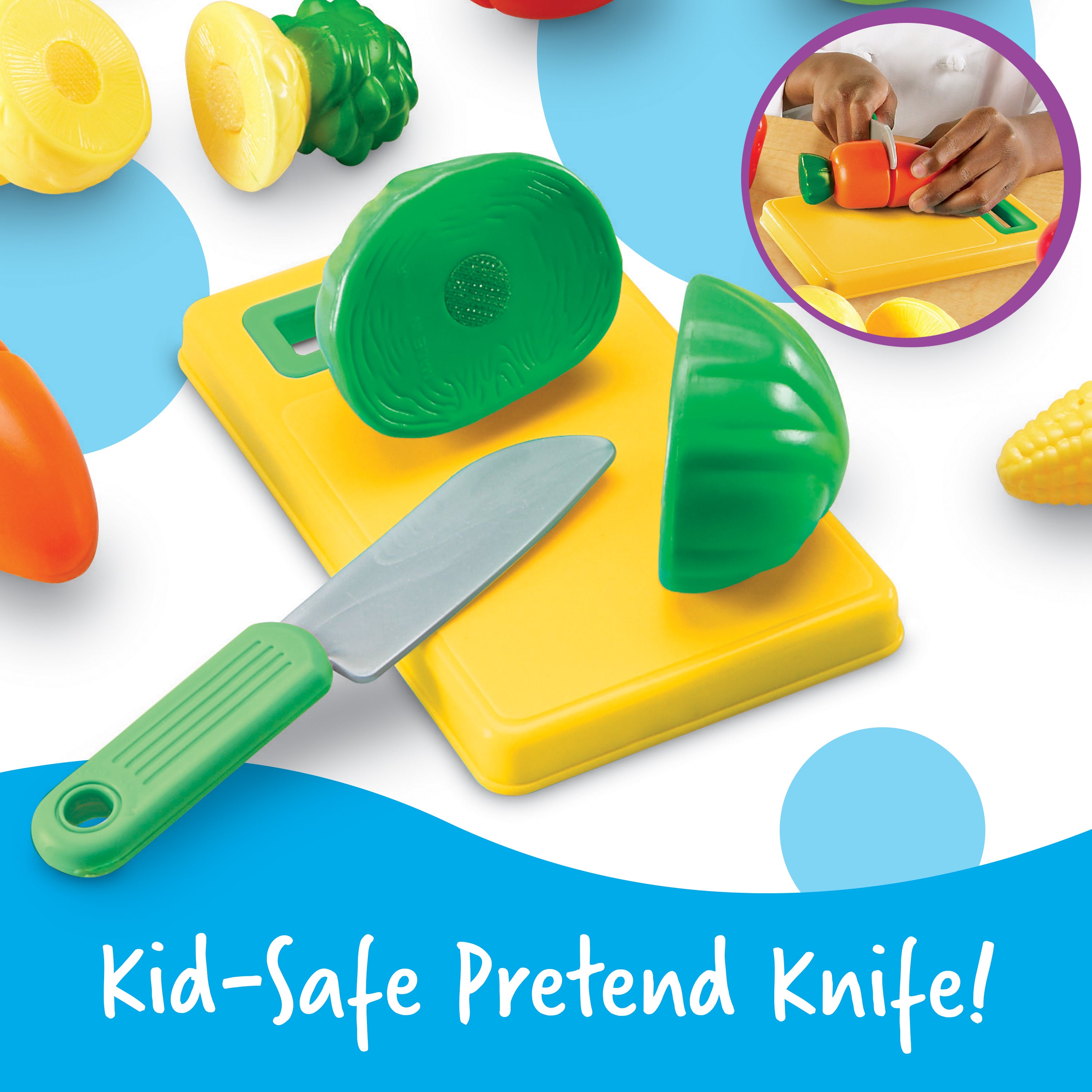 Learning Resources Pretend and Play Sliceable Fruits and Veggies, Set of 12 Healthy Food Play Pieces with Chopping Board and Knife, Imaginative Kitchen Toy for Fine Motor Skills, Ages 3+