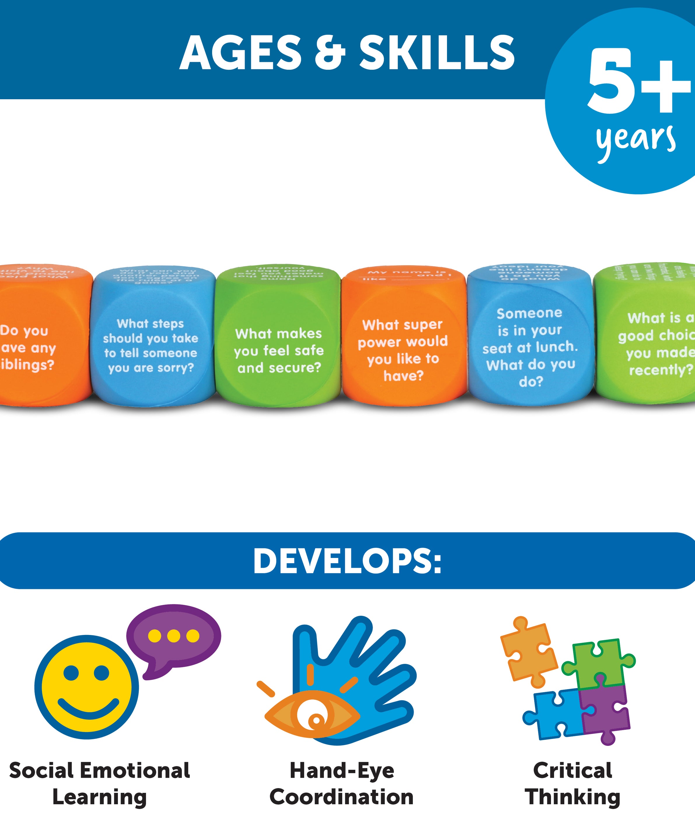 Learning Resources Lets Talk SEL Cubes, Set of 6 Social Emotional Learning Conversation Cubes, Includes 36 Prompts for Ice Breakers, Social Skills, and Emotional Awareness, For Ages 5+