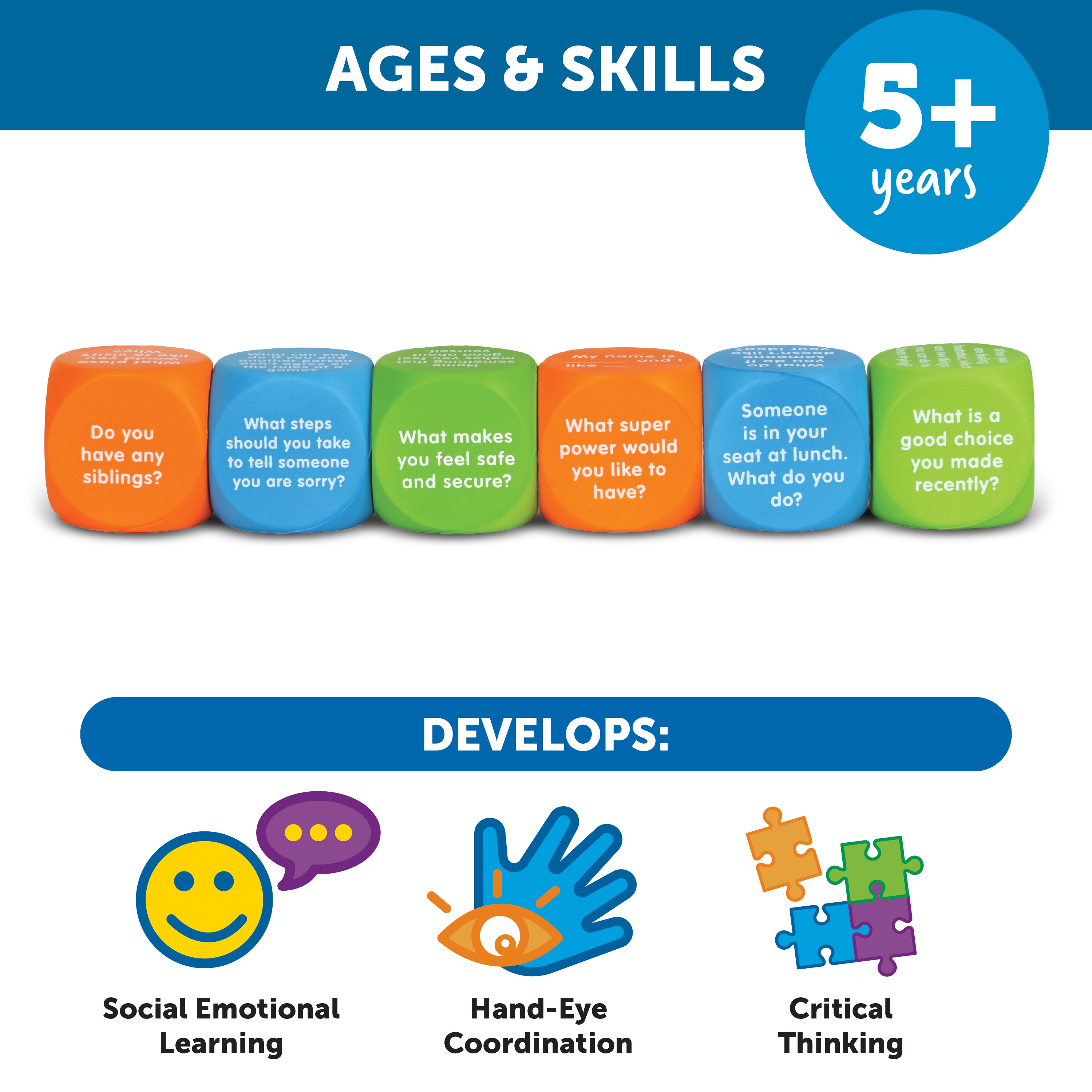 Learning Resources Lets Talk SEL Cubes, Set of 6 Social Emotional Learning Conversation Cubes, Includes 36 Prompts for Ice Breakers, Social Skills, and Emotional Awareness, For Ages 5+
