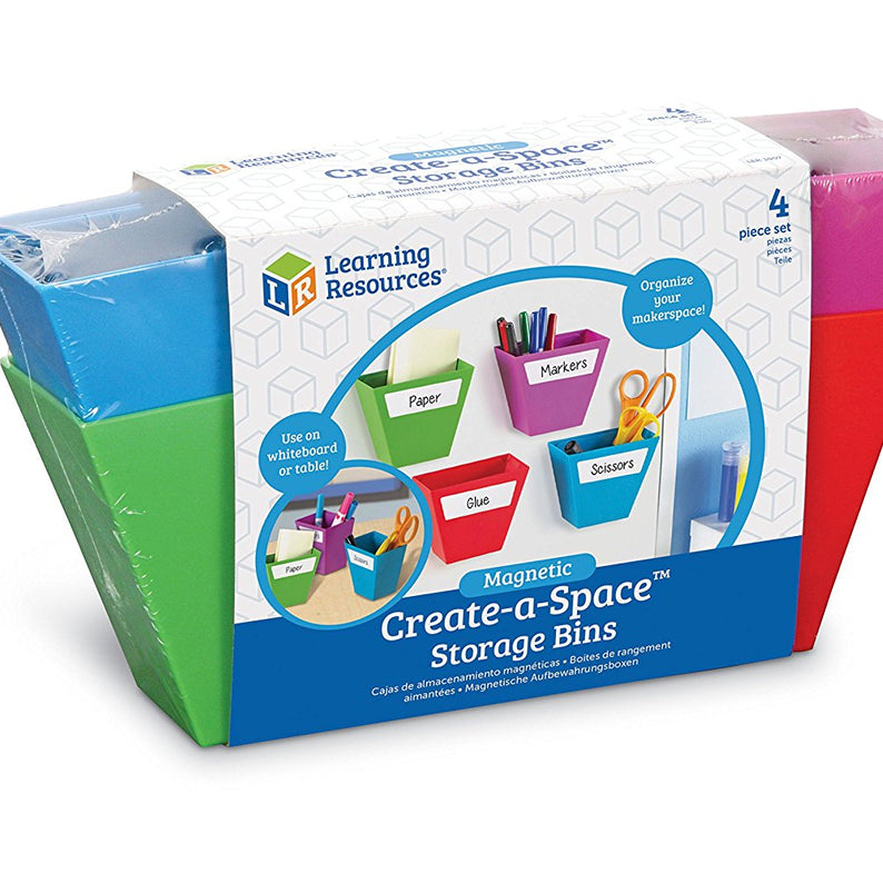 Learning Resources Magnetic Create-a-Space Storage Bins (Set of 4), Vibrant, Multi-Compartment Organizers for Classroom, Office, or Homework Station, Includes Wipe-Clean Labels (9cm x 5cm Each)