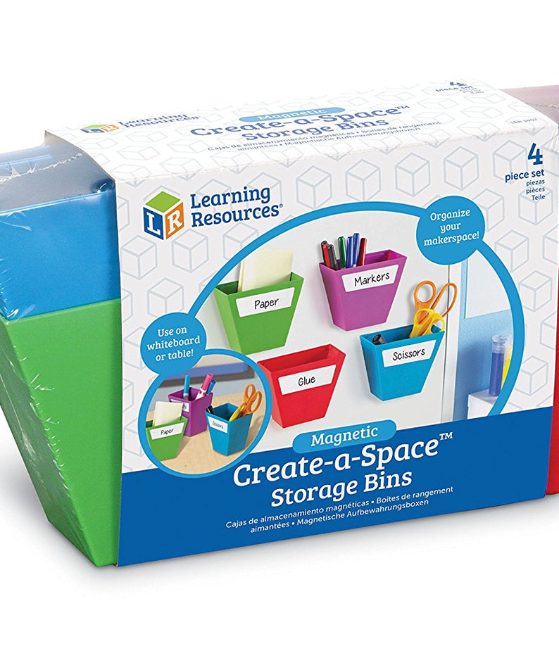 Learning Resources Magnetic Create-a-Space Storage Bins (Set of 4), Vibrant, Multi-Compartment Organizers for Classroom, Office, or Homework Station, Includes Wipe-Clean Labels (9cm x 5cm Each)