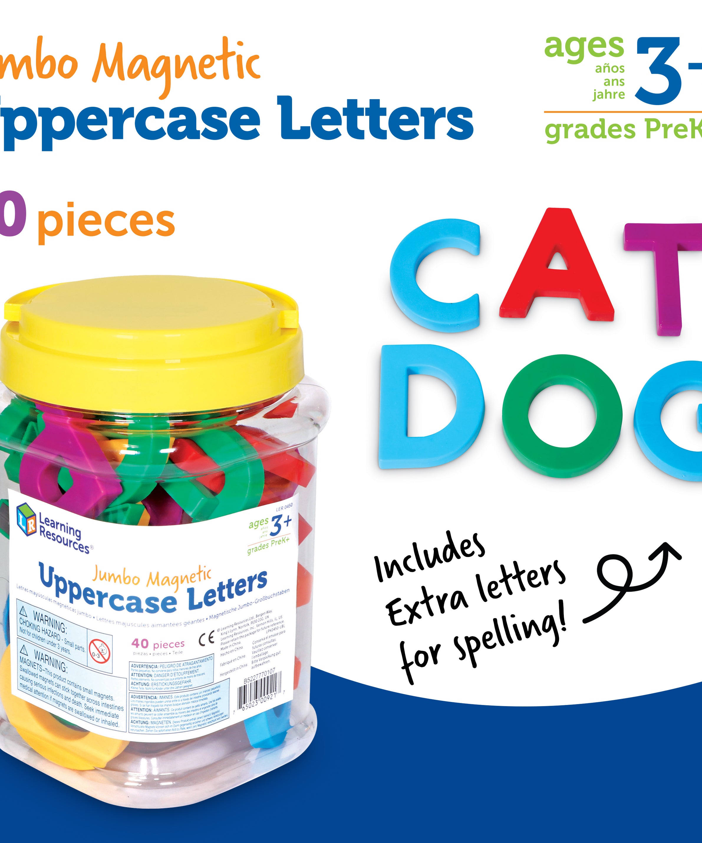 Learning Resources Jumbo Uppercase Magnetic Letters, 40-Piece Set for Early Literacy & Spelling, Large, Easy-to-Handle Alphabet Magnets, Ideal for Whiteboards & Fridges, Ages 3+