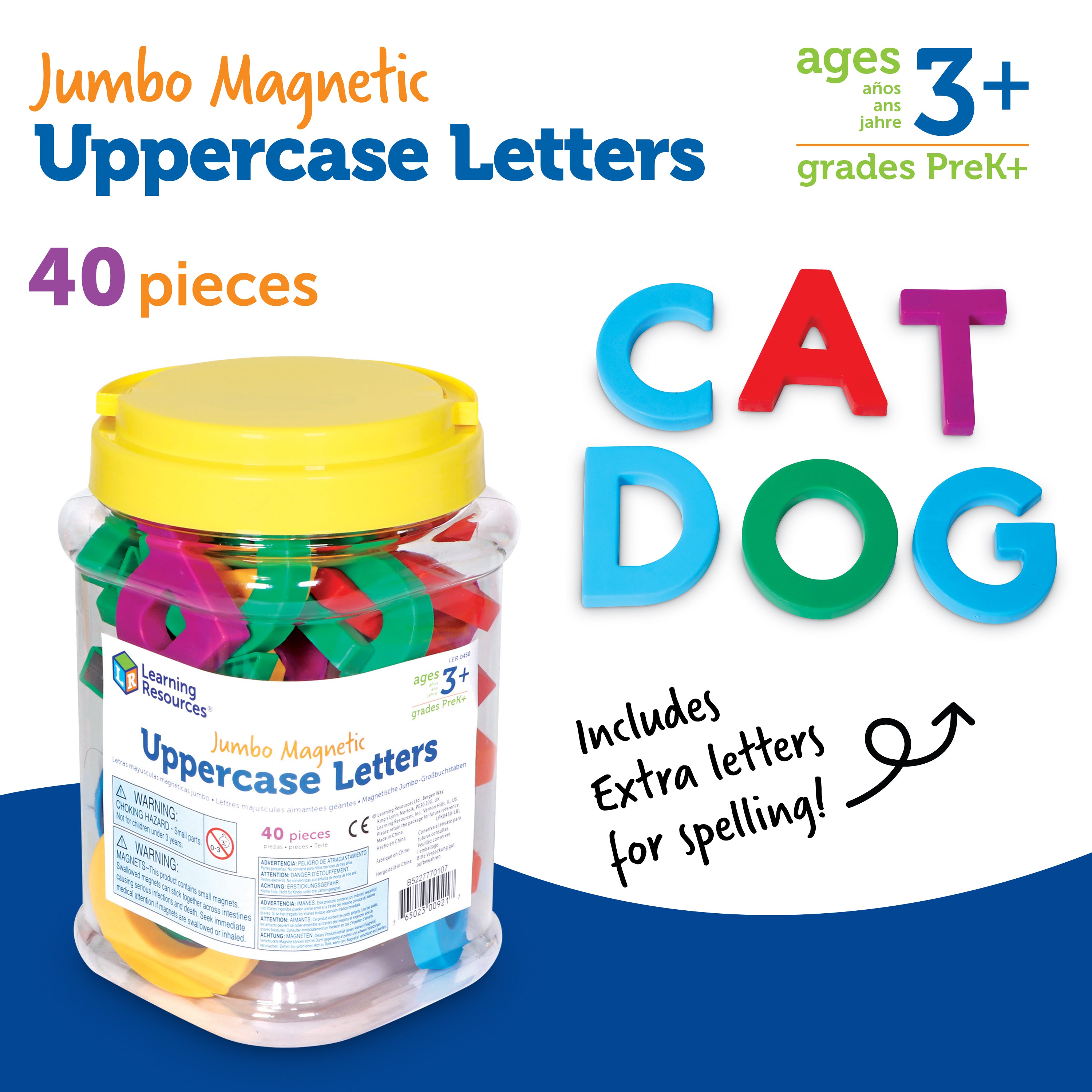 Learning Resources Jumbo Uppercase Magnetic Letters, 40-Piece Set for Early Literacy & Spelling, Large, Easy-to-Handle Alphabet Magnets, Ideal for Whiteboards & Fridges, Ages 3+