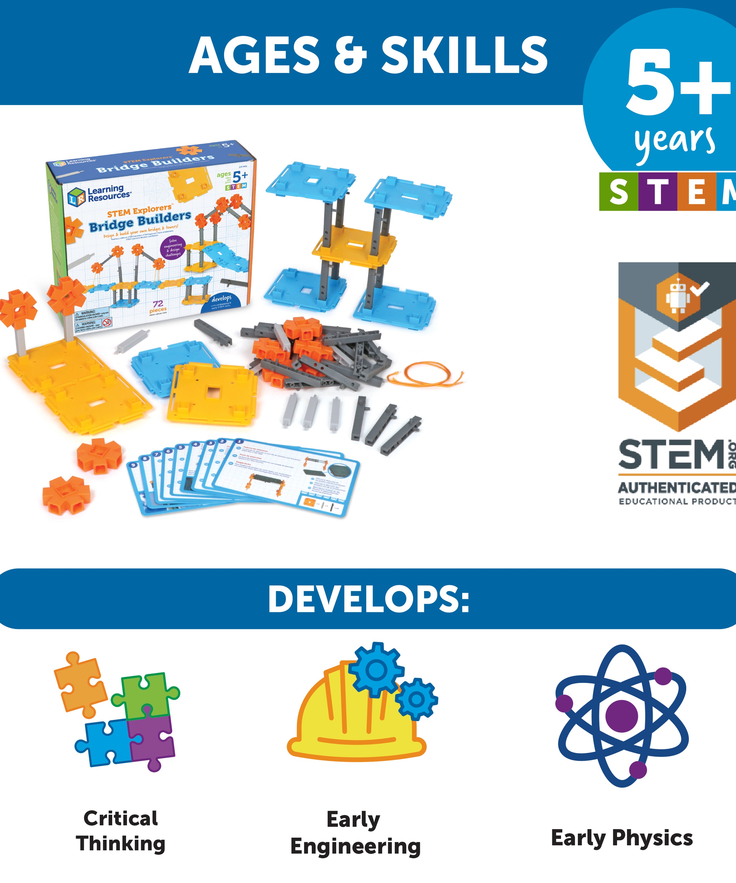 Learning Resources STEM Explorers Bridge Builders, STEM Toys for Kids Ages 5+, Build Bridges and Towers, 9 Engineering Challenges, Critical Thinking Skills, 62 Pieces, Activity Cards