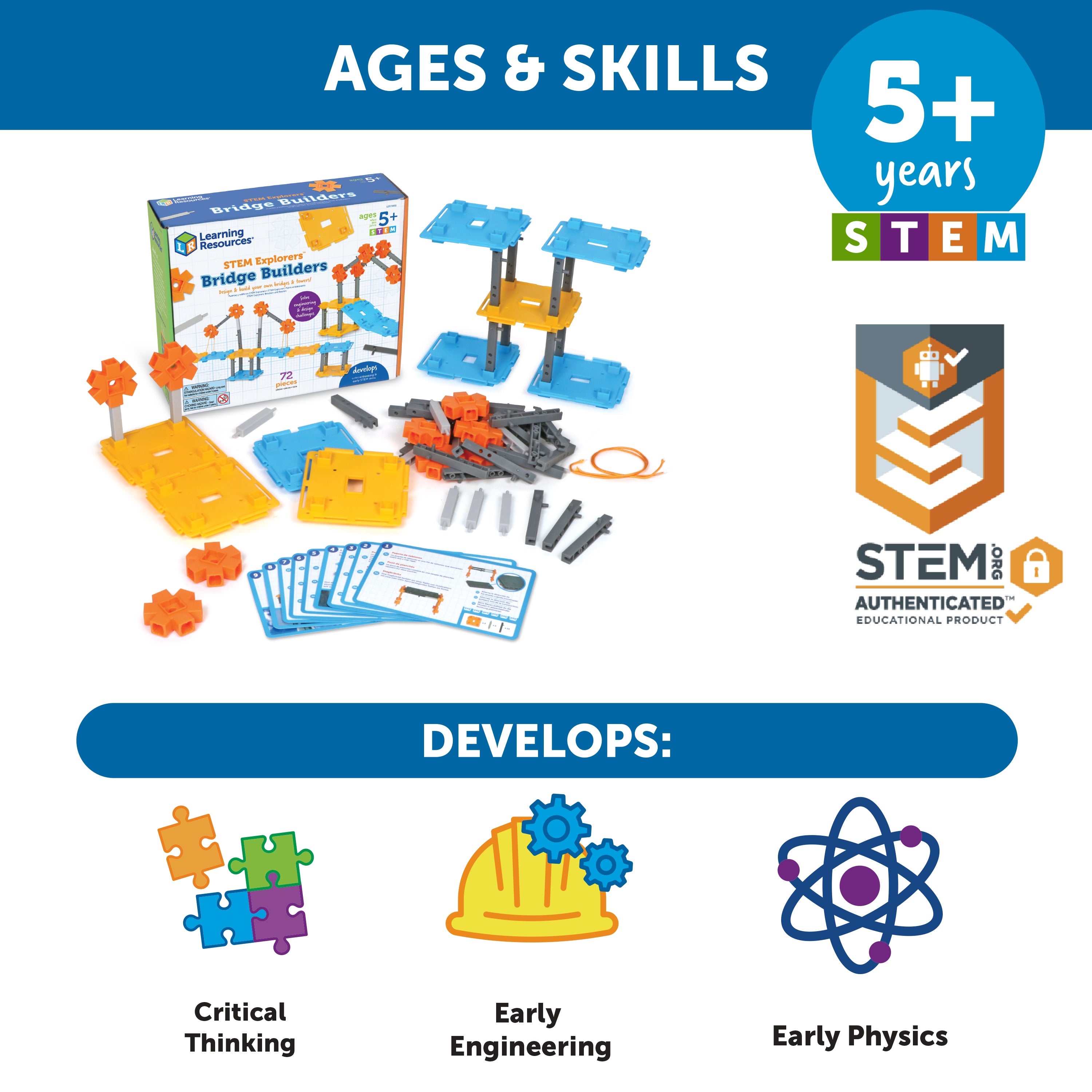 Learning Resources STEM Explorers Bridge Builders, STEM Toys for Kids Ages 5+, Build Bridges and Towers, 9 Engineering Challenges, Critical Thinking Skills, 62 Pieces, Activity Cards